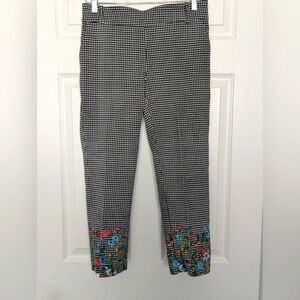 Jules & Leopold Black and White Checkered Ankle Pants with Floral Embroidery